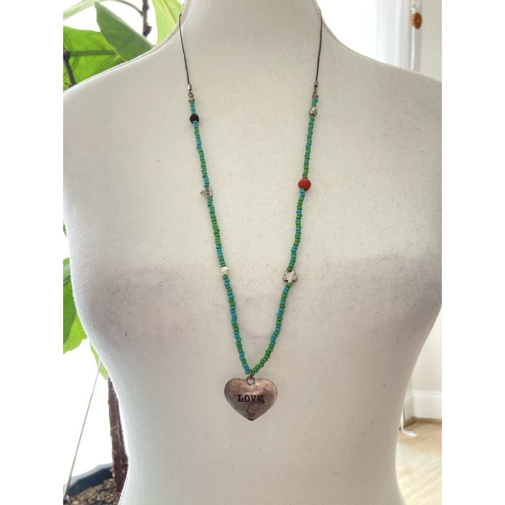 American Eagle Beaded LOVE Heart Pendant Necklace Turquoise Green Cord Boho